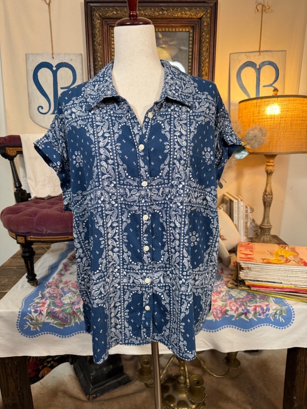 Style & Co. Navy Bandana Print Button-Up